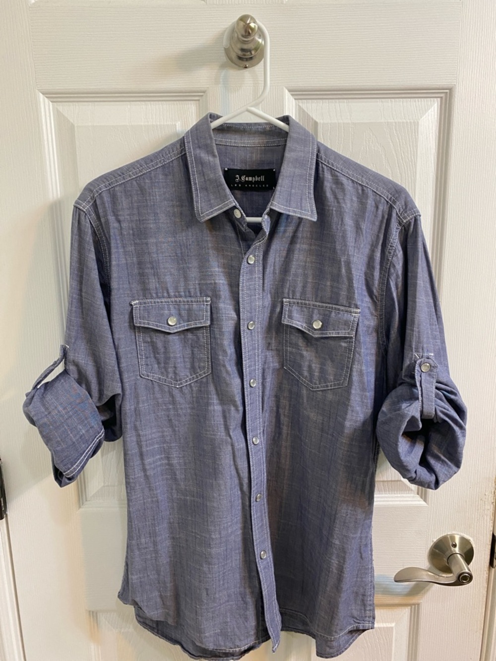 J Campbell Los Angeles Denim Blue Pearl Snap Roll Tab Shirt Men Medium Cotton